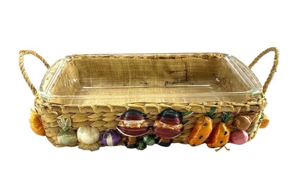 Vintage Pyrex 231 Glass Baking Dish Woven Basket Vegetable Decor Serving Caddy